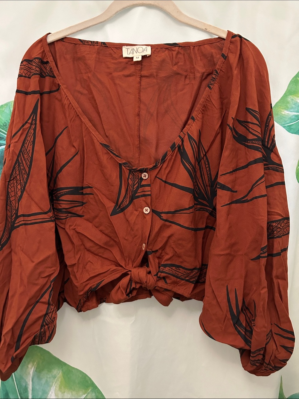 Tanoa Rust color tribal Bird of paradise Vaimoso Button-Front Women's Top